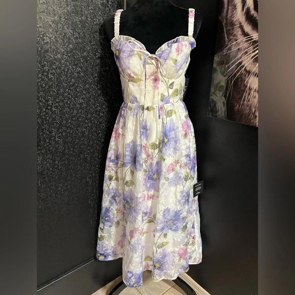 💜LULUS Hillela Ivory Floral Ruffled Lace-Up Midi Skater Dress💜SZ L- NWT - Picture 12 of 16
